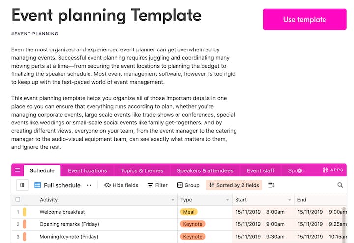 example landing page for one of airtable's templates