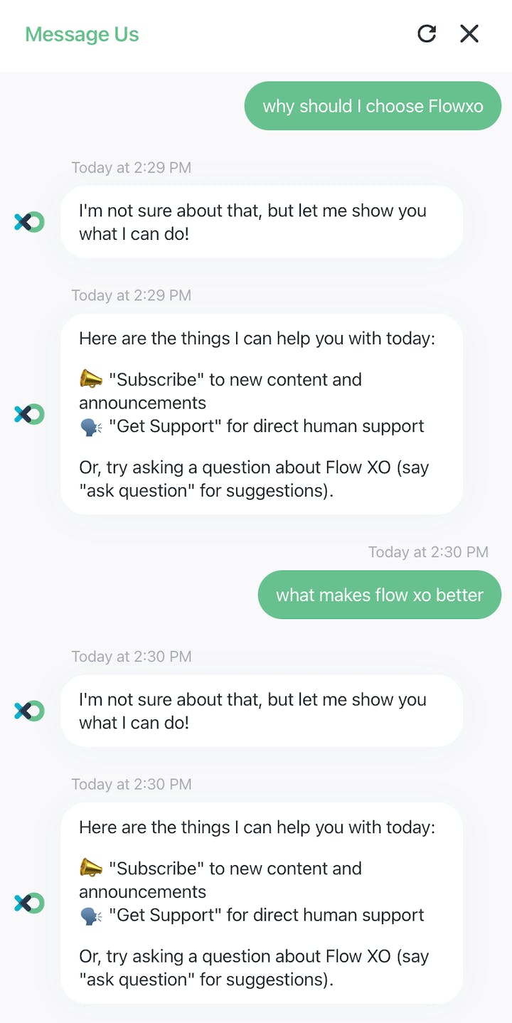 A user asks a support chatbot a simple question and the chatbot says it can not answer that. At each question, the chatbot provides the same answer.