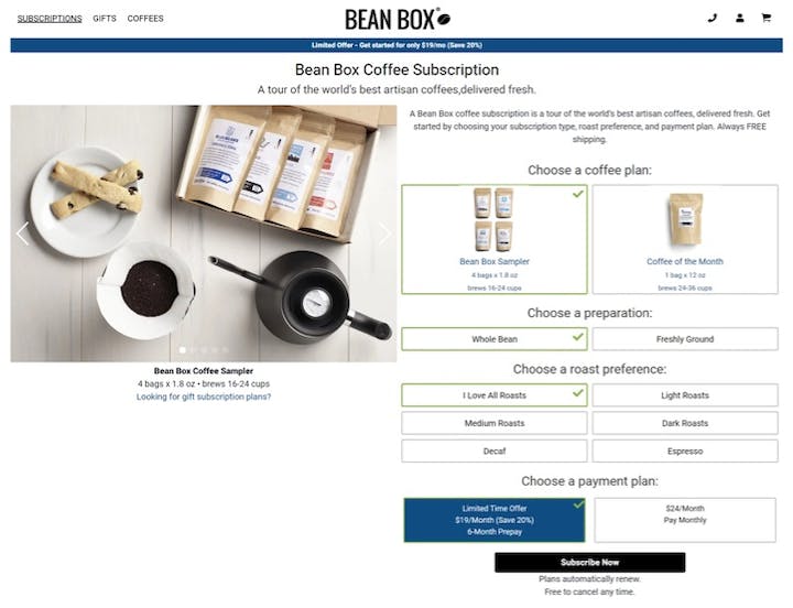 bean box subscription options