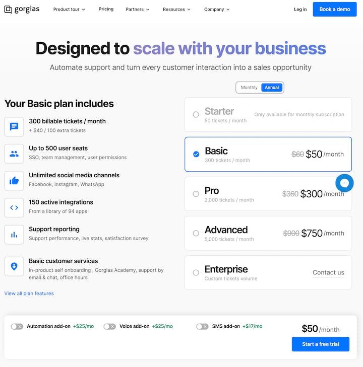 Gorgias Pricing Page (Sept 2023)