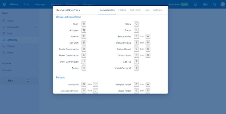 Help Scout Screenshot: Keyboard Shortcuts