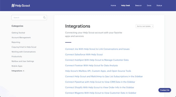 Help Scout Screenshot: HS Docs Categories