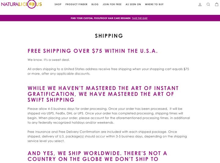 naturalicious shipping policy page example