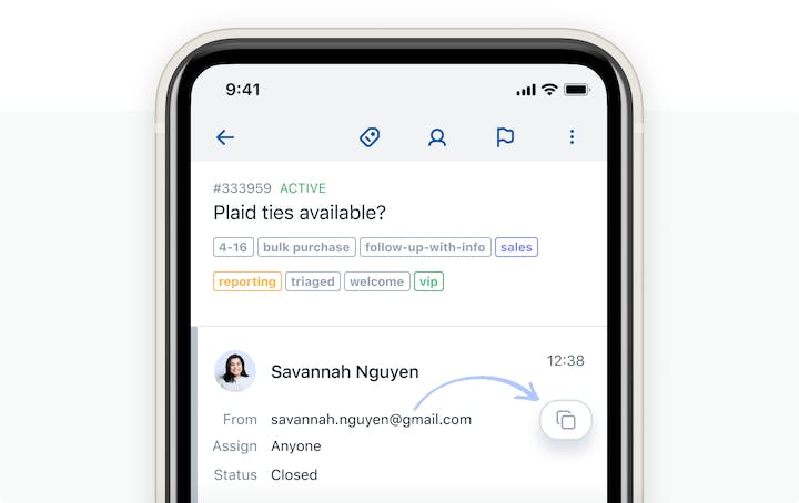 button in help scout's mobile app that allows you to copy a customer's email address