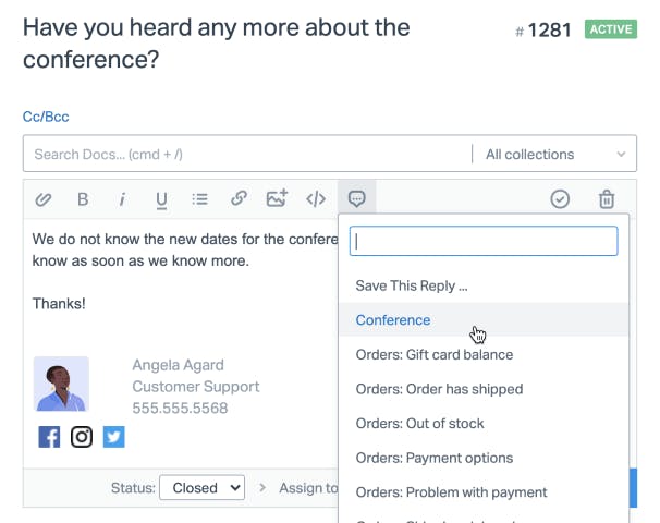 Help Scout Screenshot: Saved Replies