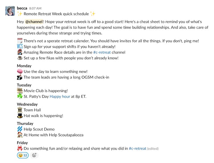 remote retreat updates in slack