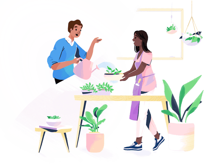 Illustration: two people chatting in a plant store